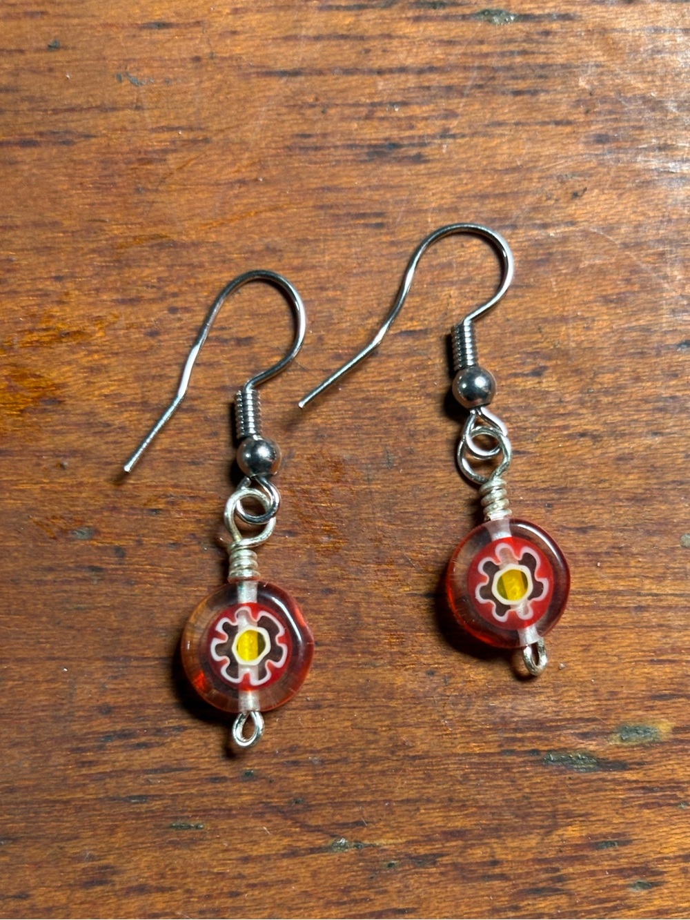 Handcrafted Red Flower Glass Bead Dangle Earrings
